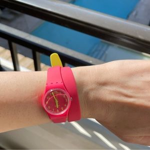 Swatch double wrap band pink and green watch